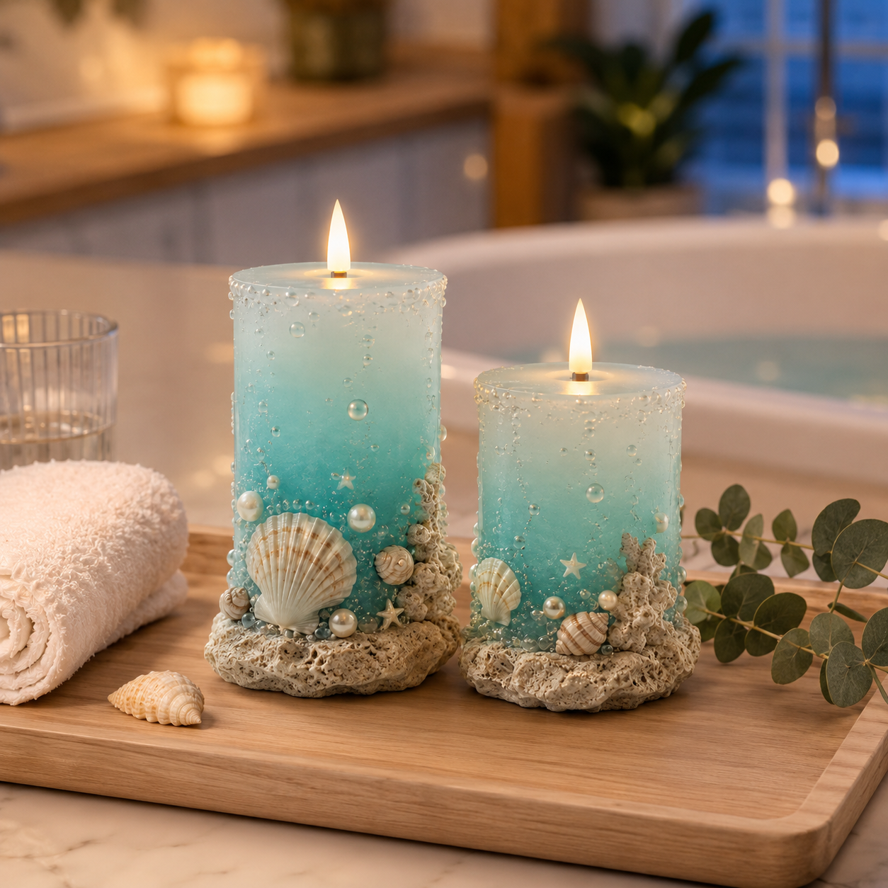 🌊✨Coastal Sea Glass Flameless Candle Set