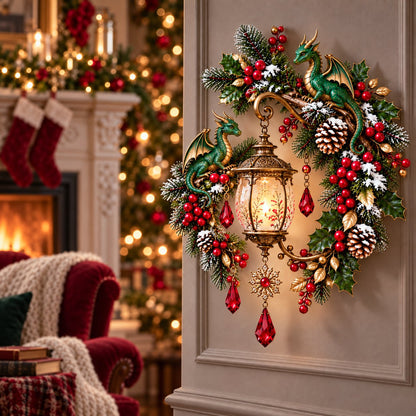 🐉 Christmas Dragon Keeper Lighted Wall Wreath Lamp - A Little Christmas Magic, Guarded by Dragons ✨