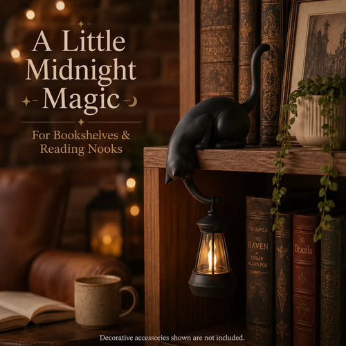🐱 Curious Black Cat Shelf Ornament with LED Lantern Light