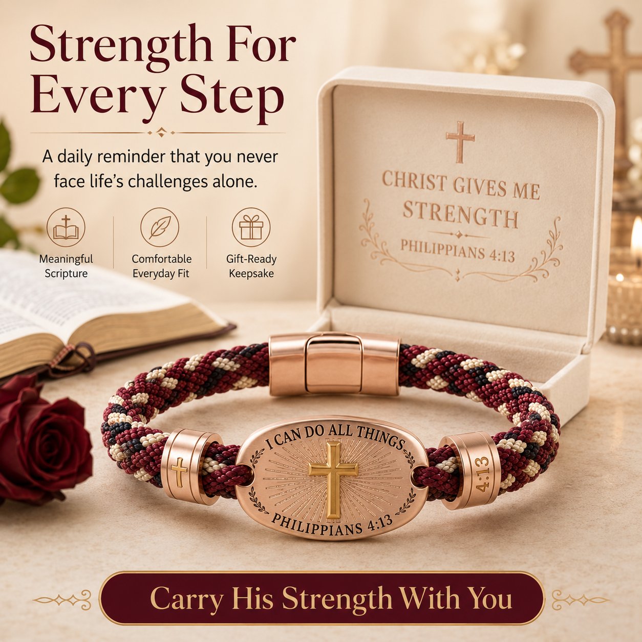 ✝️ Christian Scripture Faith Bracelet Collection | 6 Meaningful Bible Verse Designs with Raised Gold Cross, Magnetic Clasp & Matching Gift Box 💗✨