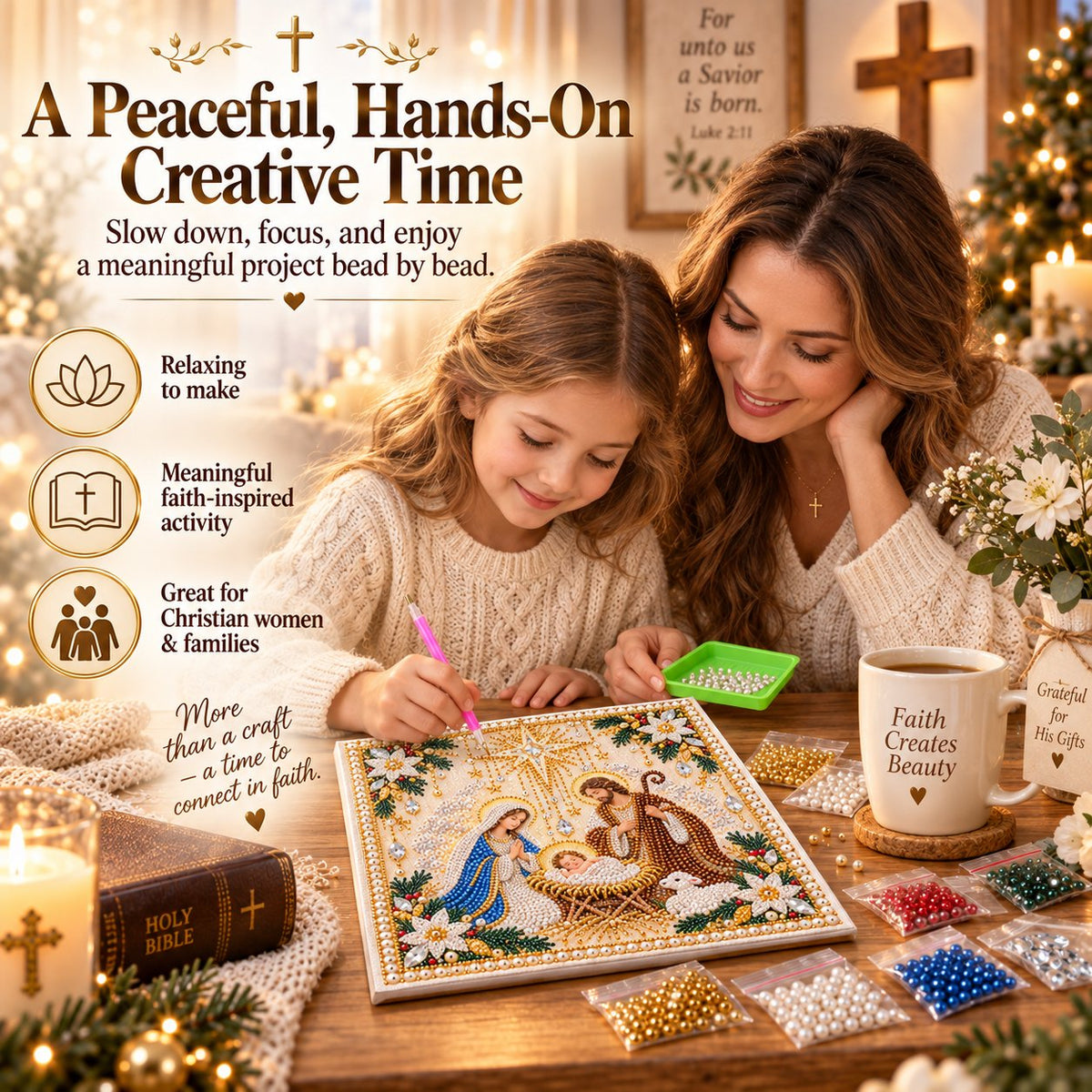 Beginner-Friendly Christian Pearl Bead Art Kit | Pre-Printed Design with Built-In Wooden Frame & Complete Tools 💕