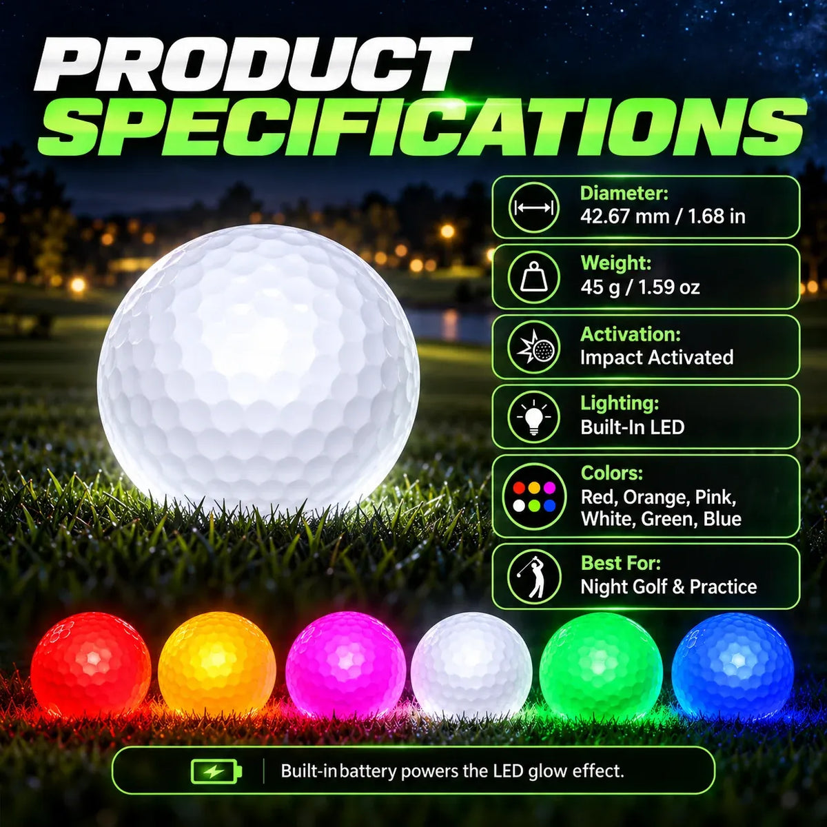 ⛳✨ GlowStrike™ Impact-Activated LED Golf Ball – 6 Brilliant Colors for After-Dark Golf Fun
