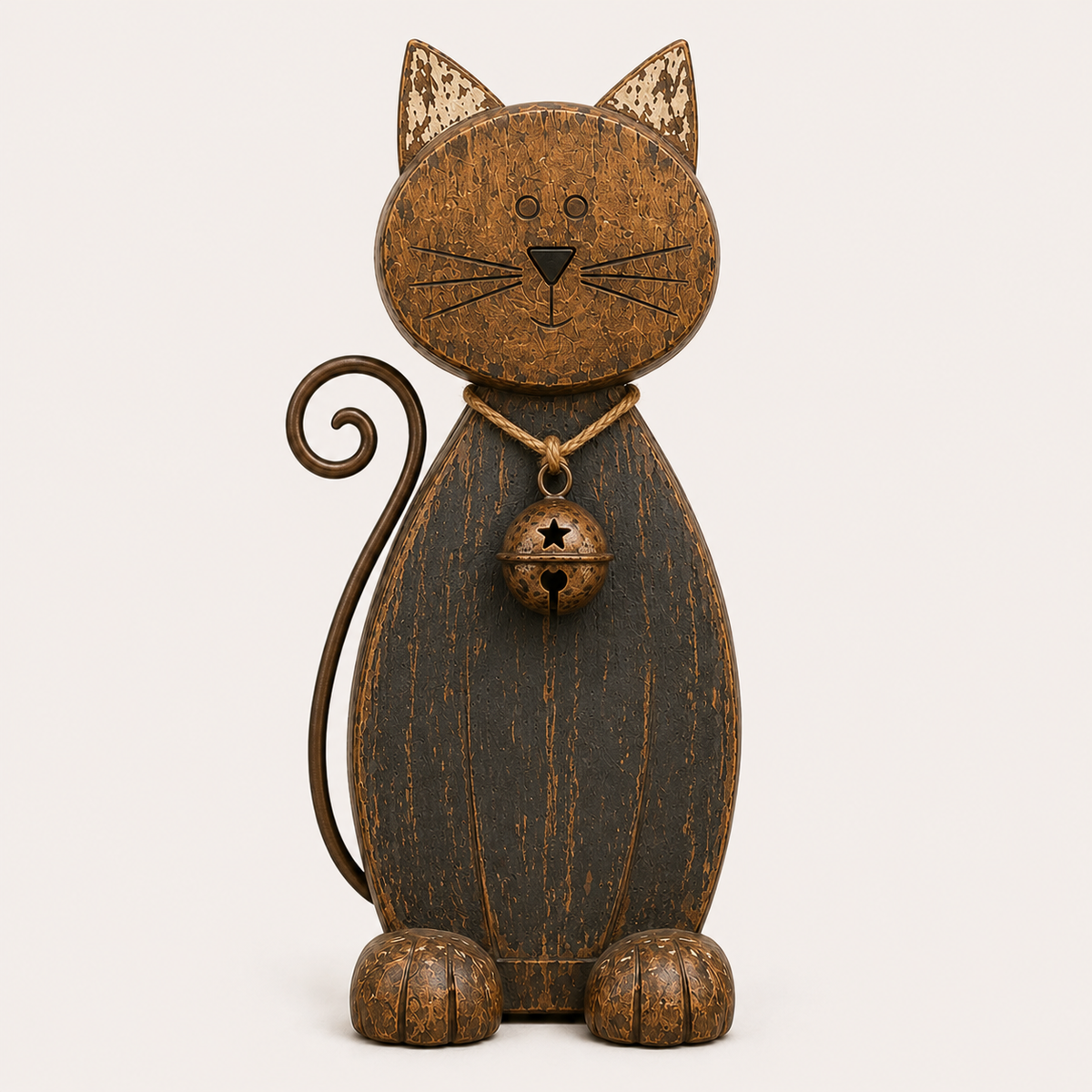The Little Farmhouse Guardian Cat - Vintage Rustic Metal Cat Decor with Bell Pendant
