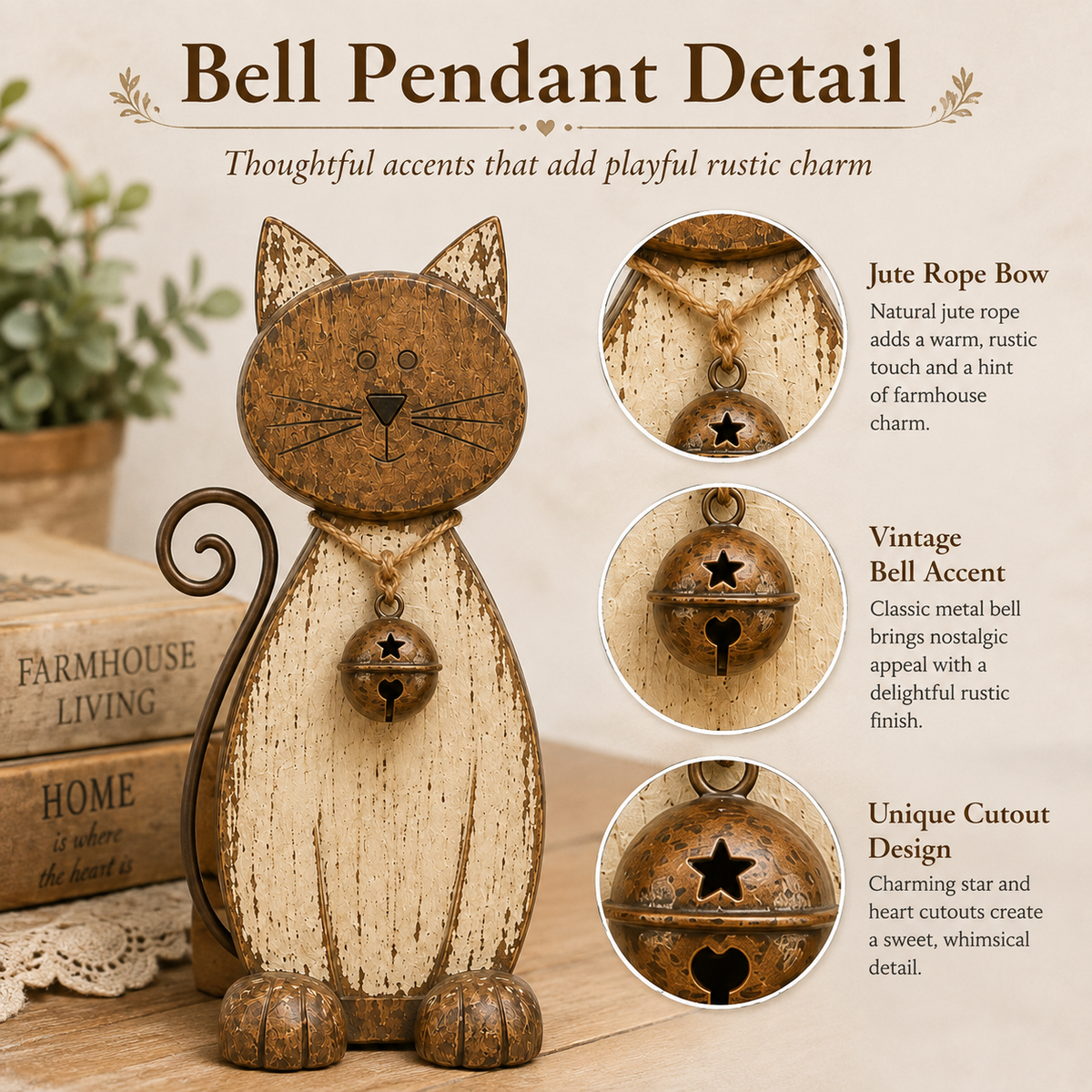 The Little Farmhouse Guardian Cat - Vintage Rustic Metal Cat Decor with Bell Pendant