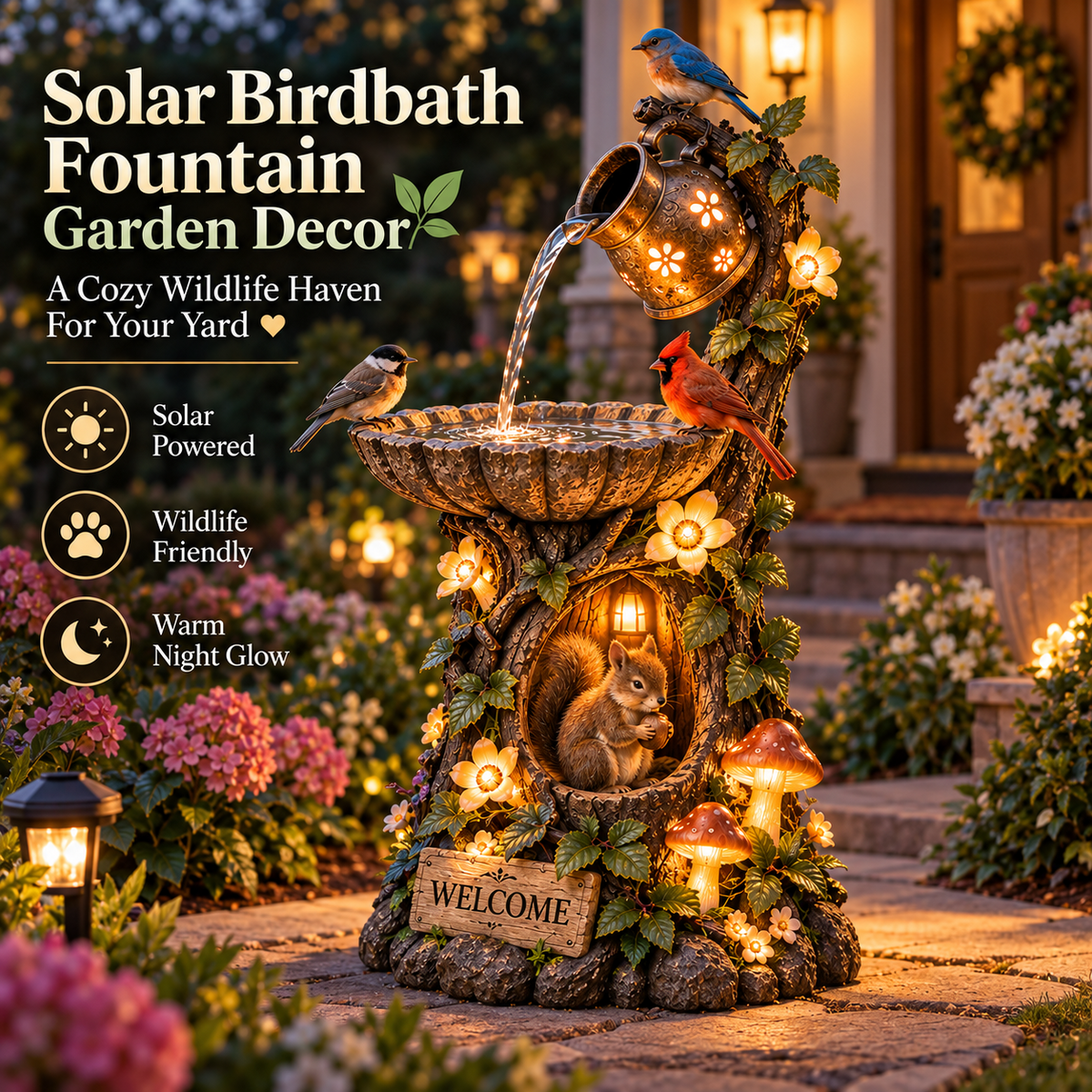 Solar birdbath fountain garden decor features