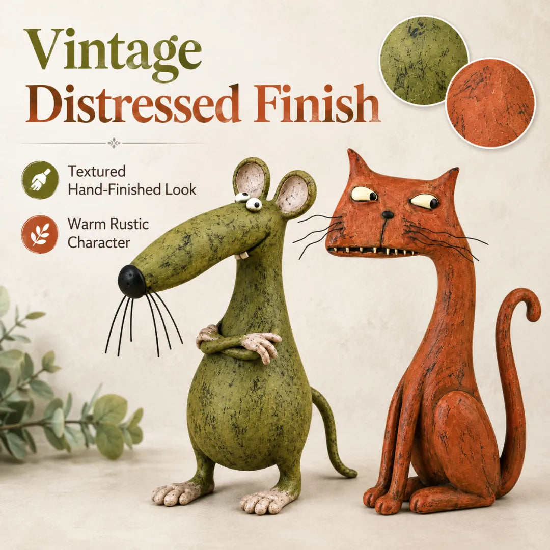 Textured distressed finish and expressive animal details