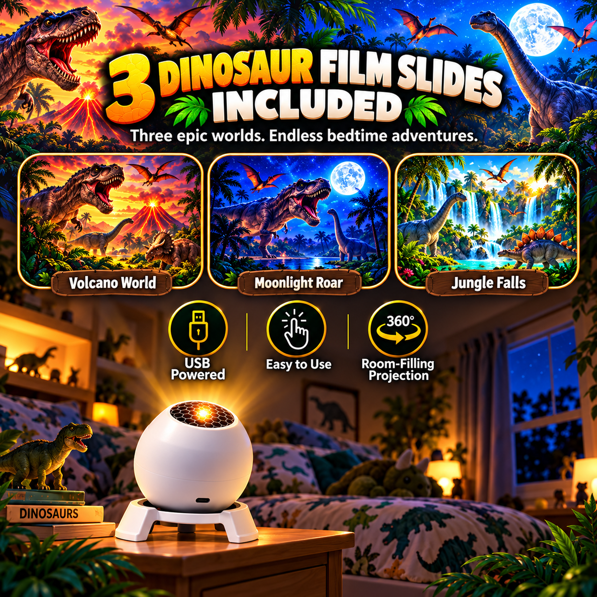 Three included prehistoric dinosaur projection themes