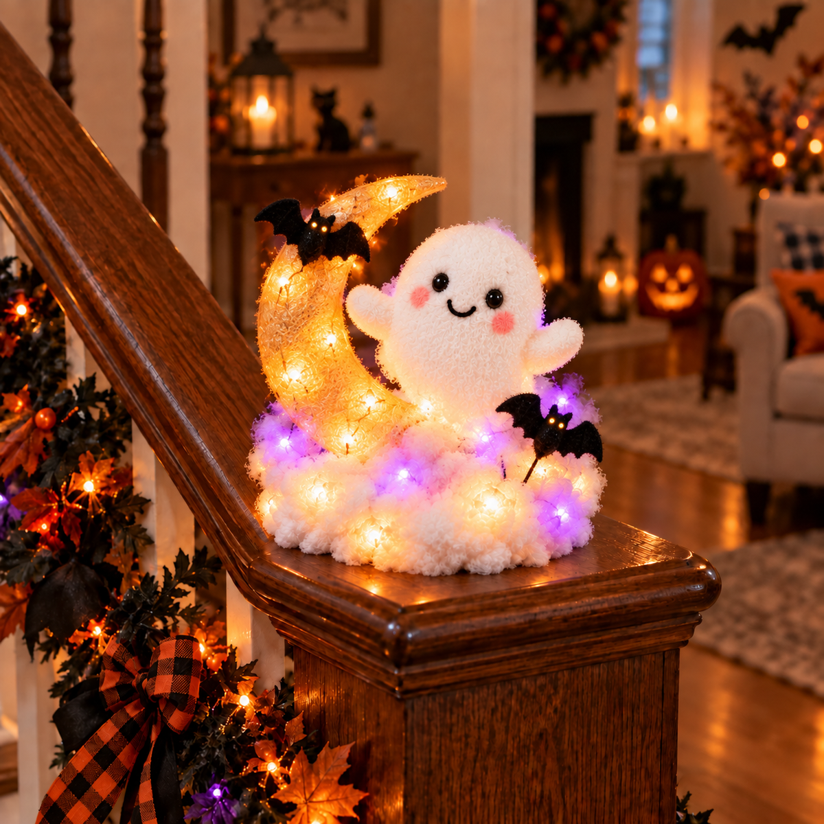 Glowing Ghost Staircase Decor – Cute Halloween Railing Accent
