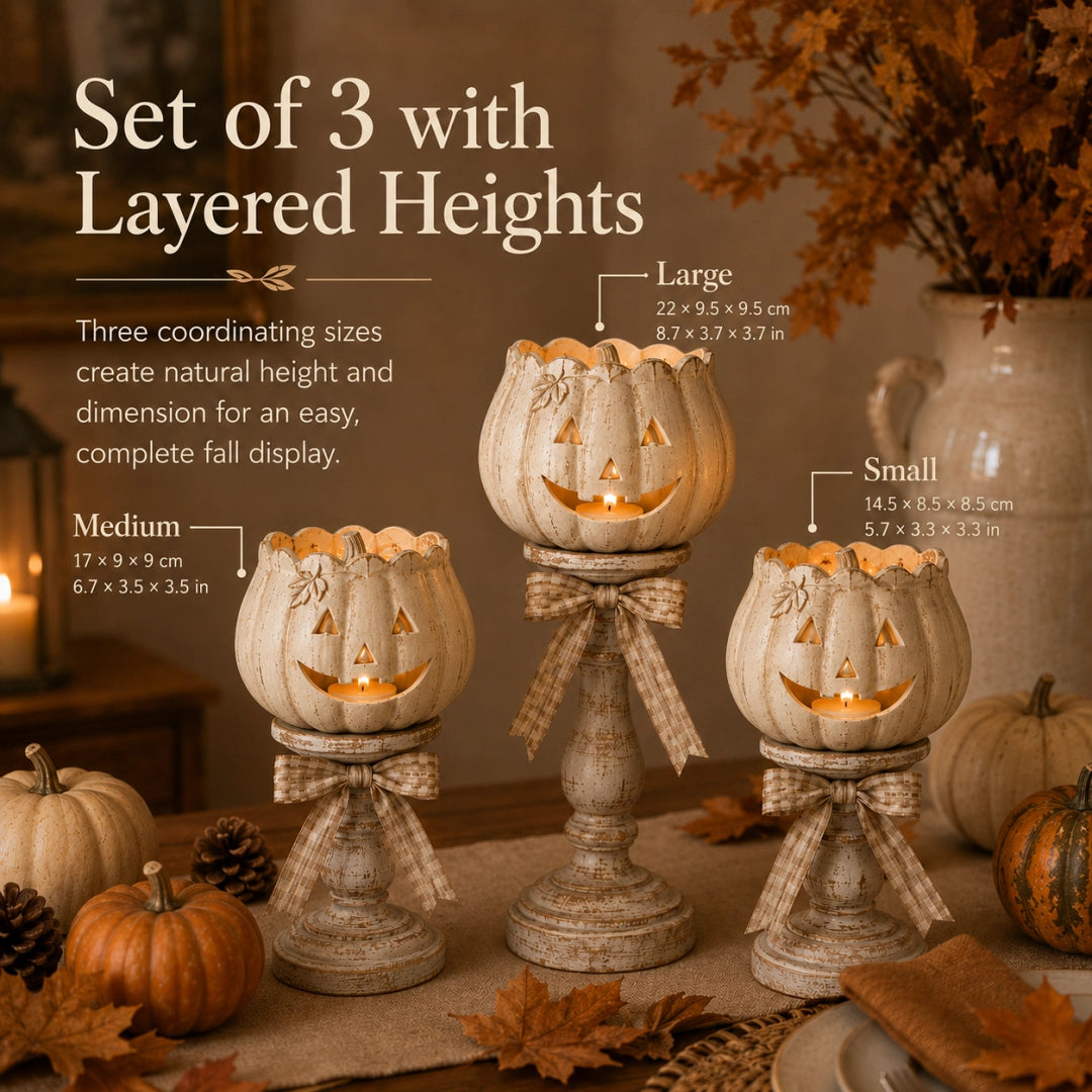 Set of 3 Vintage White Pumpkin Tealight Candle Holders