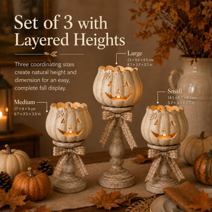 Set of 3 Vintage White Pumpkin Tealight Candle Holders