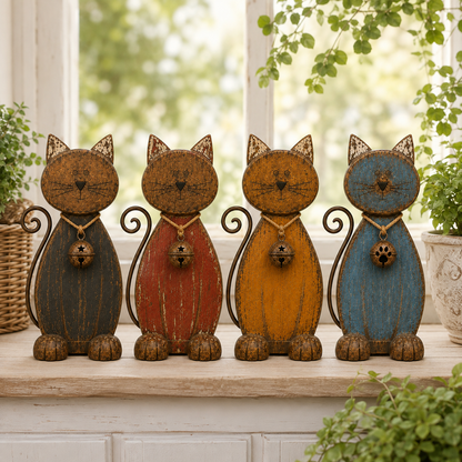 The Little Farmhouse Guardian Cat - Vintage Rustic Metal Cat Decor with Bell Pendant
