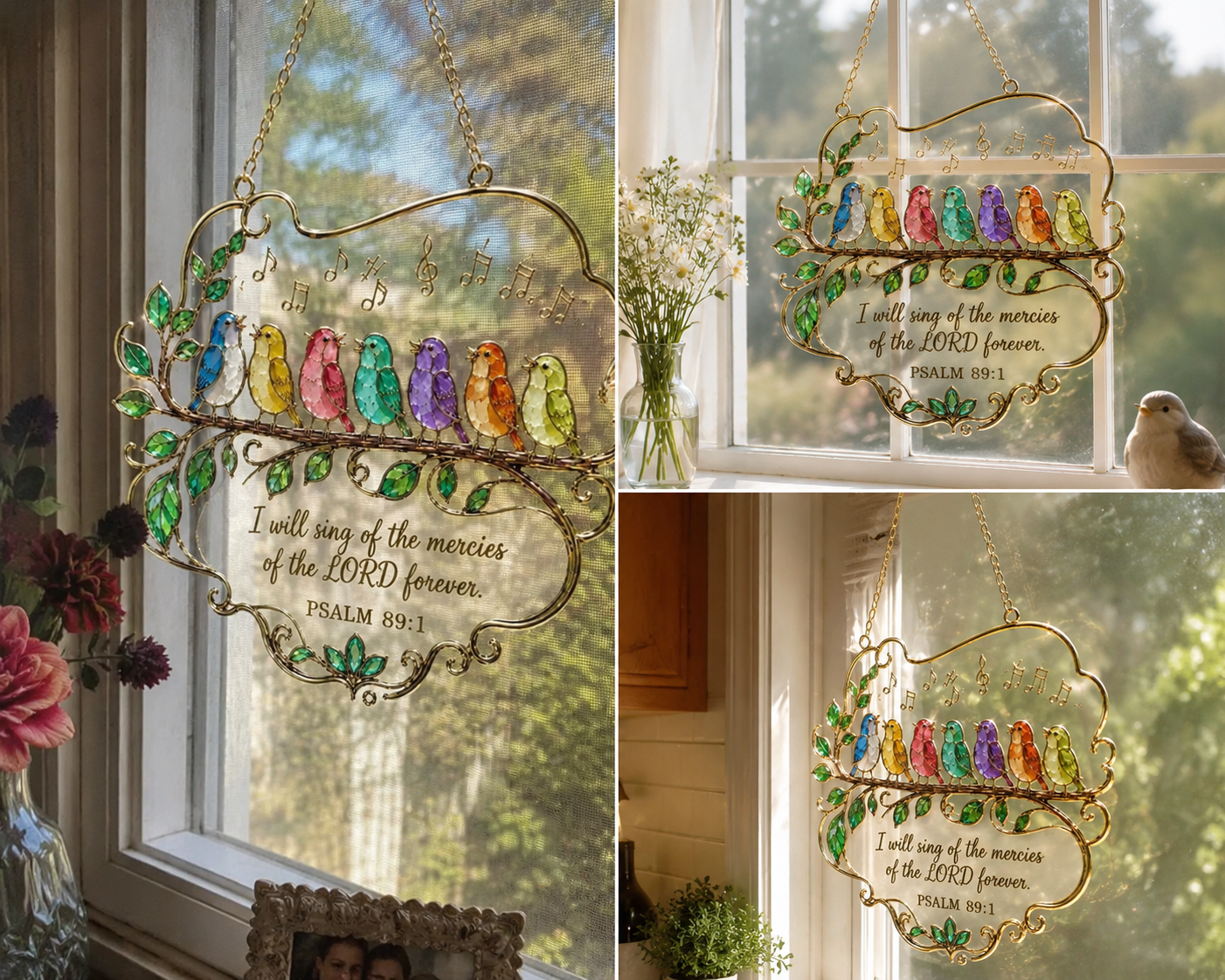 Psalm 89:1 Singing Birds Suncatcher – Christian Window Hanging Decor