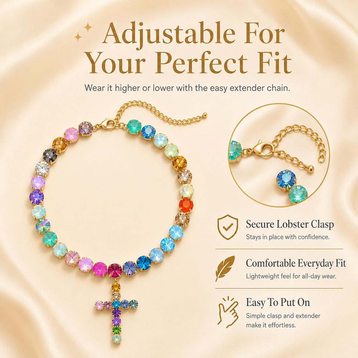 Colorful Crystal Cross Necklace – Sparkling Adjustable Statement Jewelry
