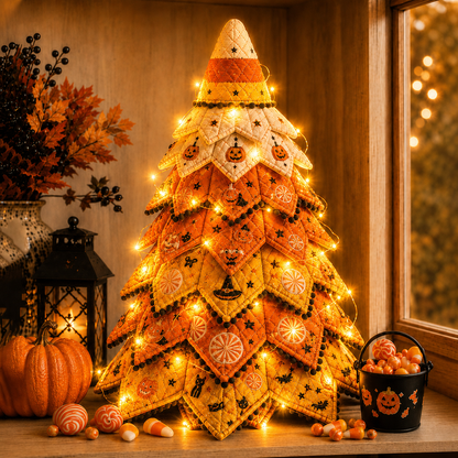 🎃✨ Lighted Halloween Quilted Fabric Tree – Cozy Handmade Glow Decoration