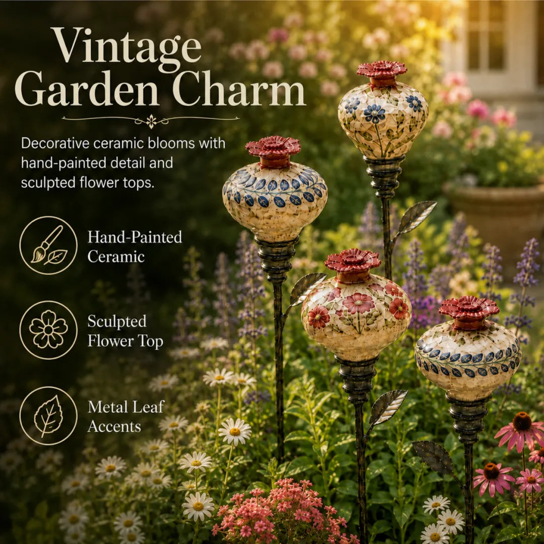 Vintage ceramic hummingbird feeder stake in a flower garden
