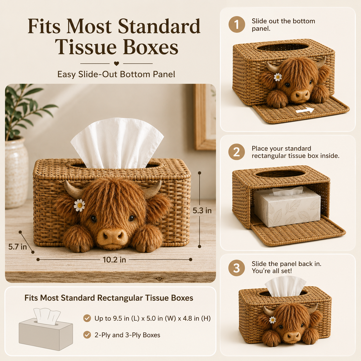 Adorable Peeking Highland Cow Tissue Box Cover – Rustic Farmhouse Decor