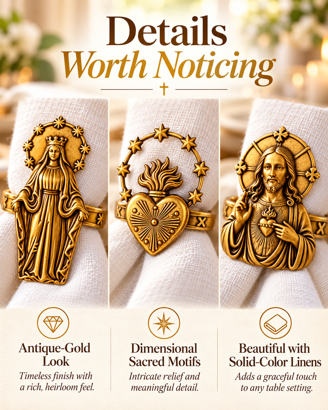 Close up details of Catholic devotional napkin rings