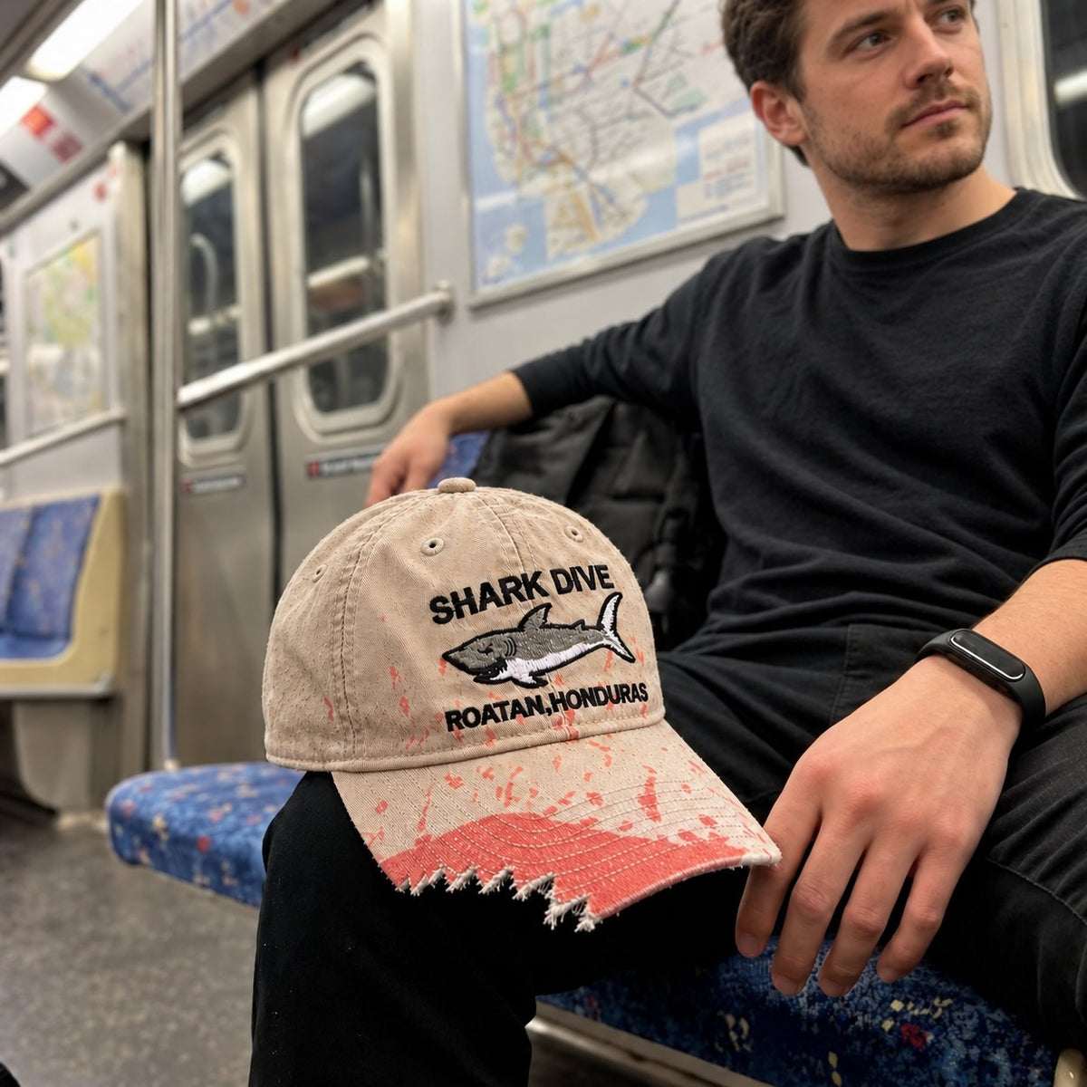🦈 Shark Bite Baseball Cap | Embroidered Shark • Bite-Shaped Frayed Brim