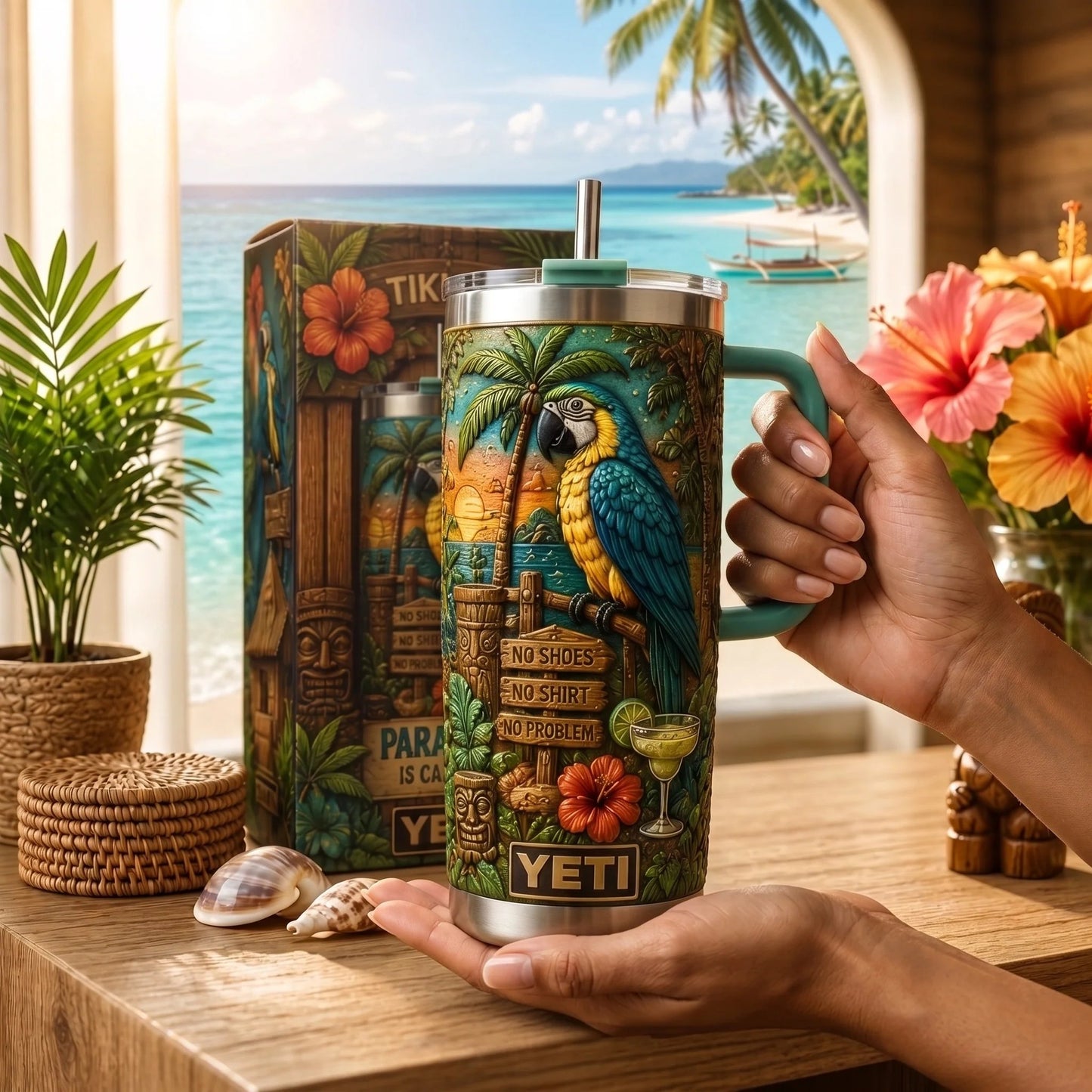 🦜 Personalized Tiki Life Tropical Parrot Beach Handle Tumbler