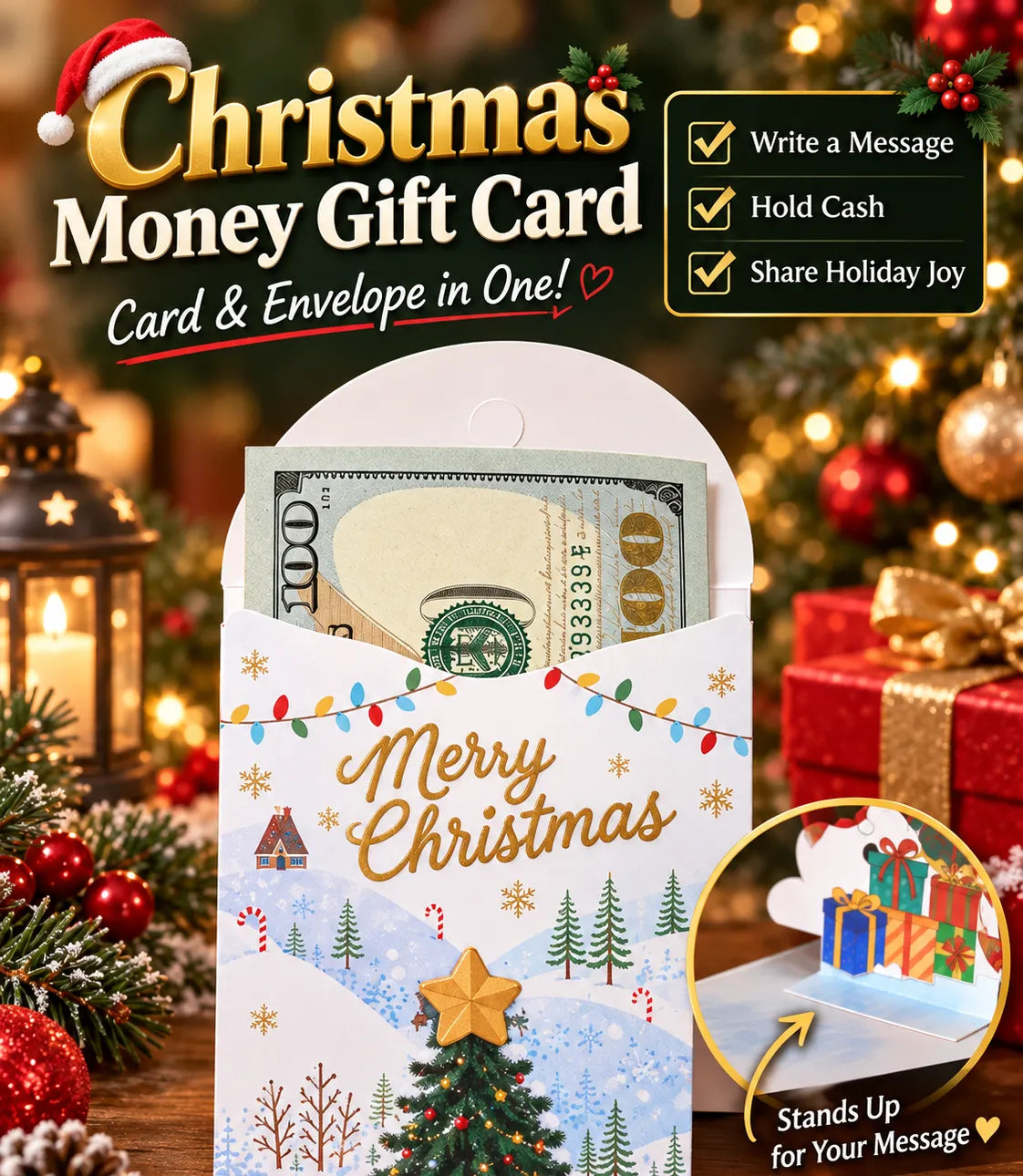 Handmade 3D Christmas Money Card – Pop-Up Holiday Card with Cash Envelope & Message Space 💌✍💵