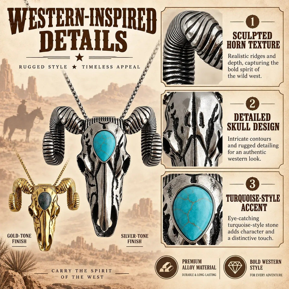 🤠🐐 Frontier Skull Statement Pendant – 5 Western Styles with Necklace & Clip Wear