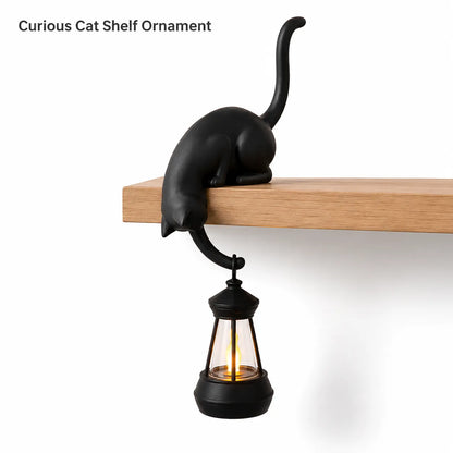🐱 Curious Black Cat Shelf Ornament with LED Lantern Light