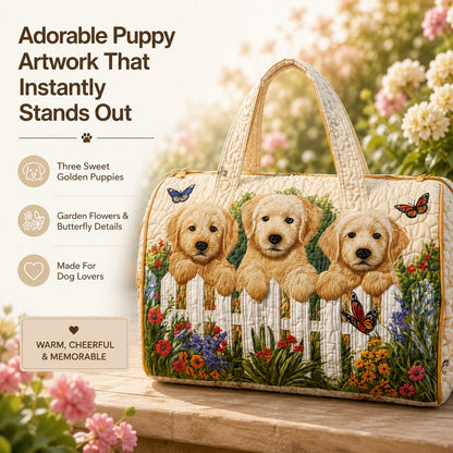 Golden Puppy Garden Quilted Travel Tote Bag
