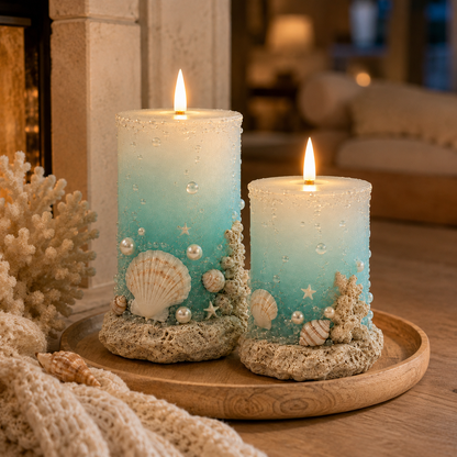 🌊✨Coastal Sea Glass Flameless Candle Set