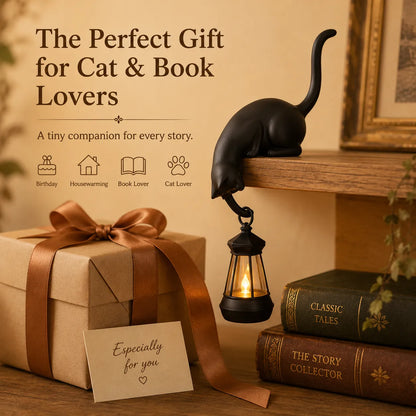 🐱 Curious Black Cat Shelf Ornament with LED Lantern Light