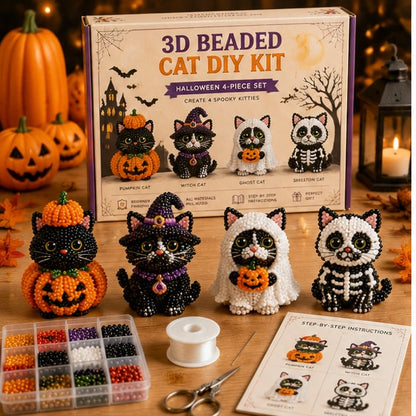 🐈‍⬛🎃 Premium 3D Beaded Halloween Cat DIY Kit | Luxury Flocked Canvas with Scratch-Resistant Non-Fading Pearl Beads DIY Spooky Decor & Step-by-Step Guide ✨