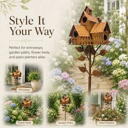 Rustic Outdoor Birdhouse Yard Stake for Garden,Lawn, Flower Bed & Patio Decor