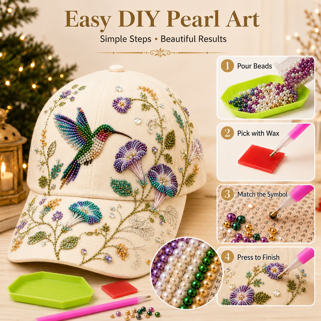 Premium Hummingbird Garden Beaded Hat DIY Kit | DIY Handmade Floral Cap Decor