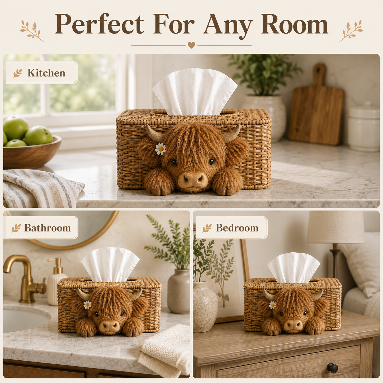 Adorable Peeking Highland Cow Tissue Box Cover – Rustic Farmhouse Decor