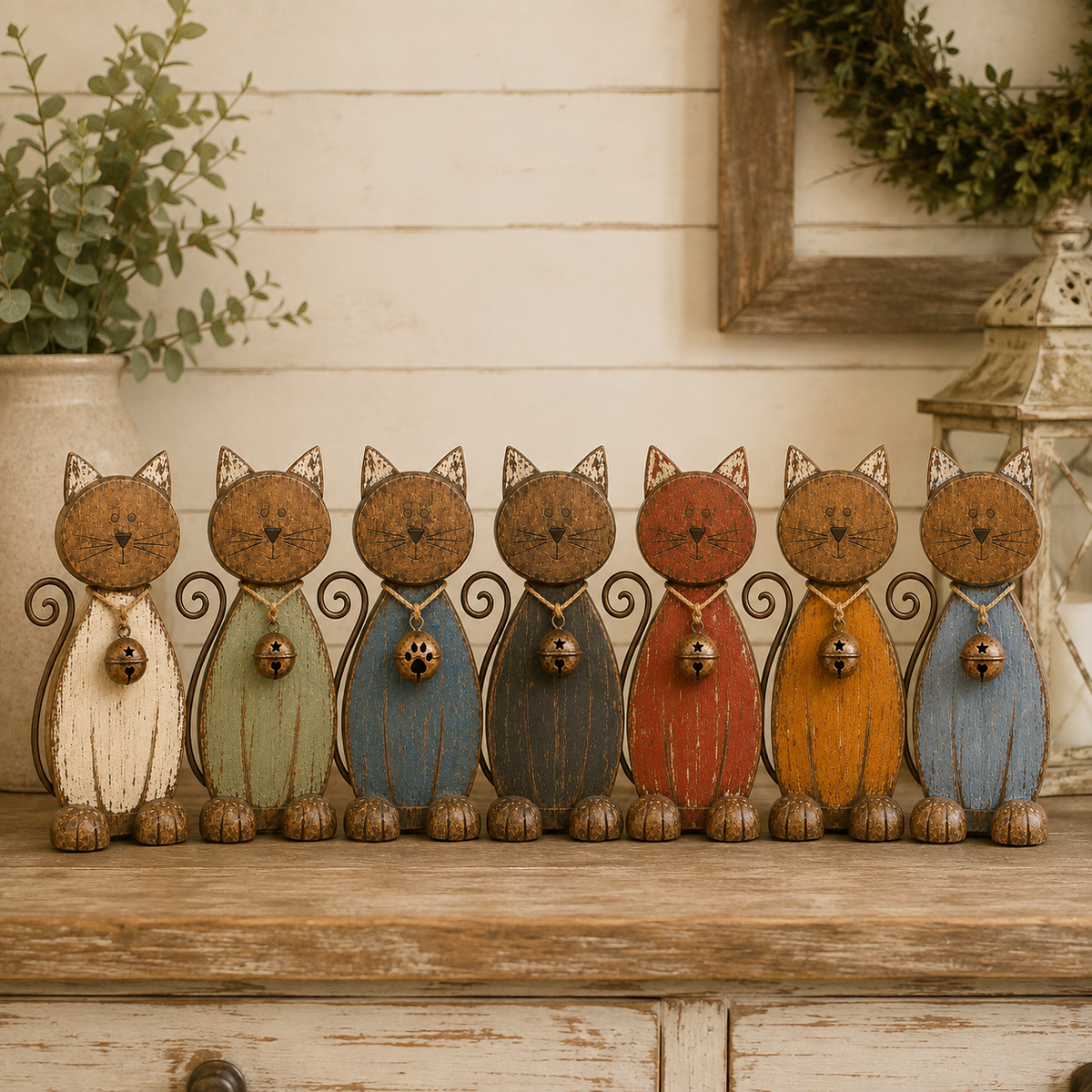 The Little Farmhouse Guardian Cat - Vintage Rustic Metal Cat Decor with Bell Pendant