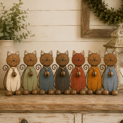 The Little Farmhouse Guardian Cat - Vintage Rustic Metal Cat Decor with Bell Pendant