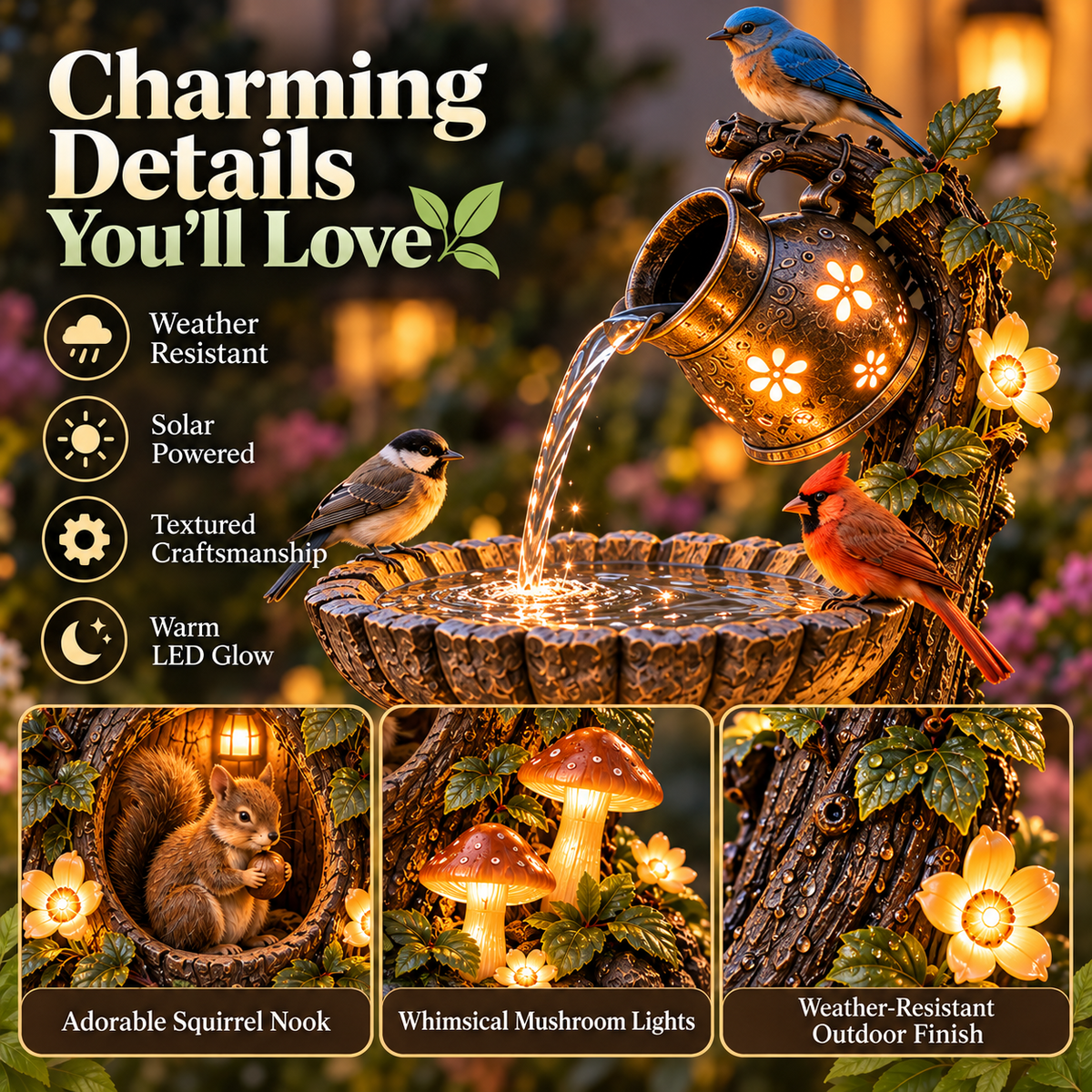 Solar birdbath fountain decorative details