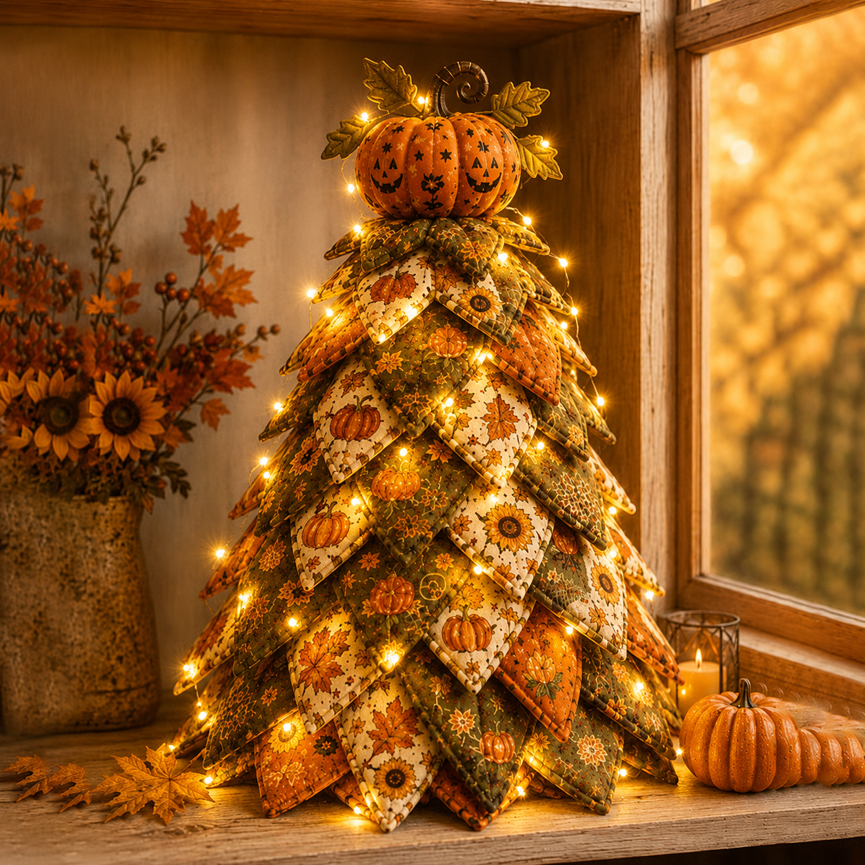 🎃✨ Lighted Halloween Quilted Fabric Tree – Cozy Handmade Glow Decoration
