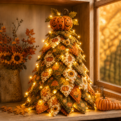 🎃✨ Lighted Halloween Quilted Fabric Tree – Cozy Handmade Glow Decoration