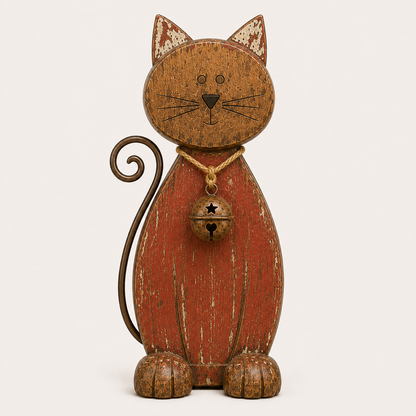 The Little Farmhouse Guardian Cat - Vintage Rustic Metal Cat Decor with Bell Pendant