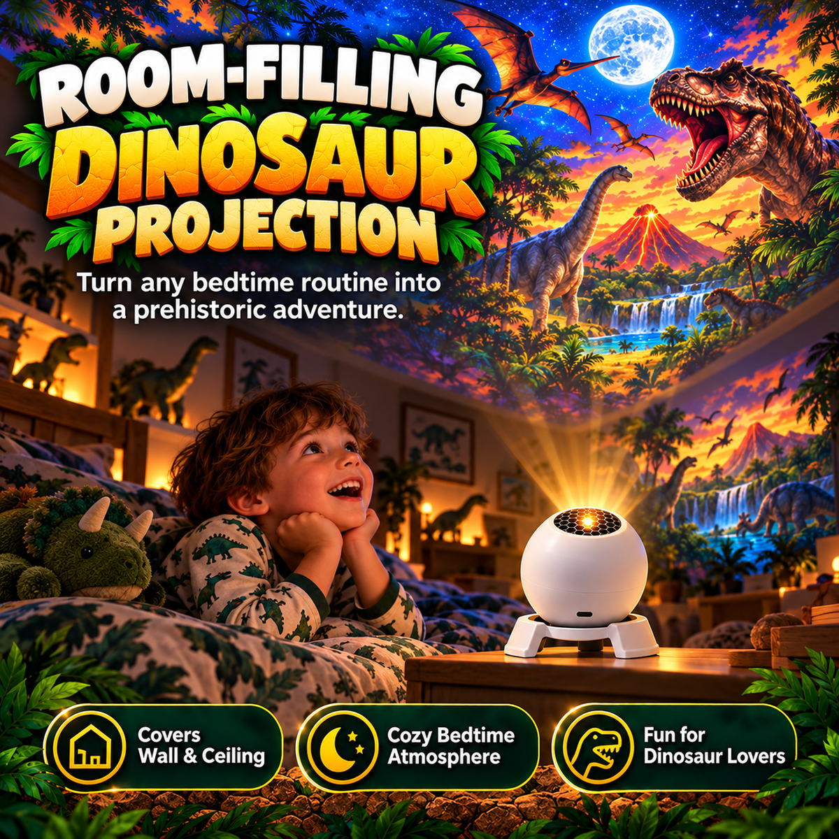 Dinosaur-themed bedtime projection in a cozy children bedroom