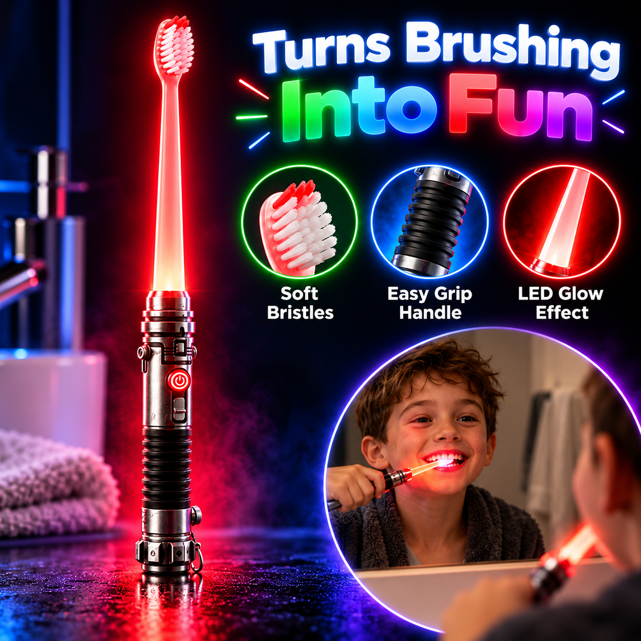 Galactic Glow toothbrush showing its manual brush head, handle and LED feature