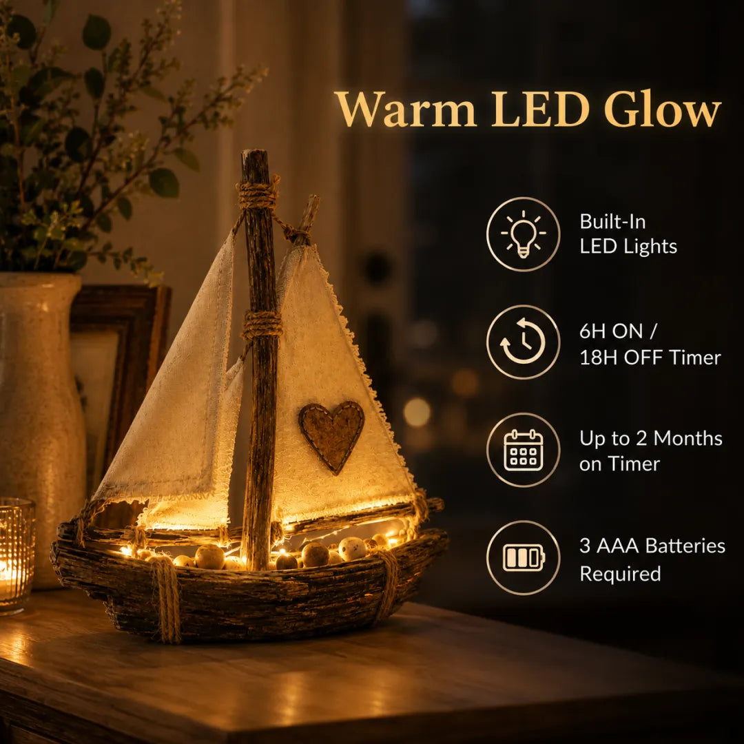 Rustic Lighted Sailboat Decor – Warm Coastal Glow