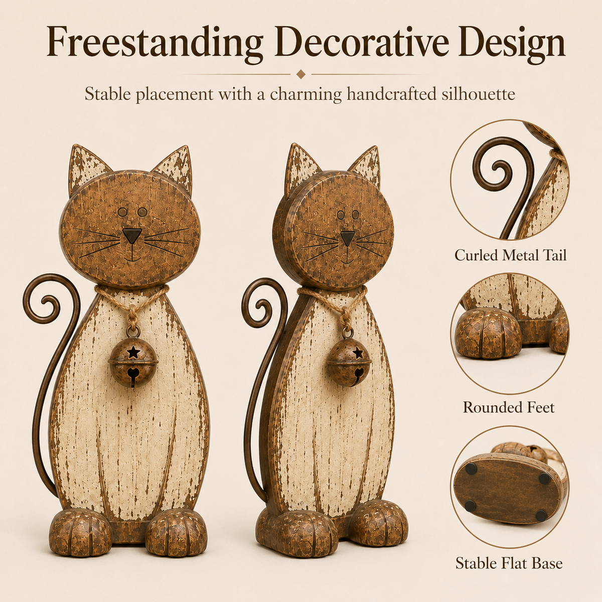 The Little Farmhouse Guardian Cat - Vintage Rustic Metal Cat Decor with Bell Pendant