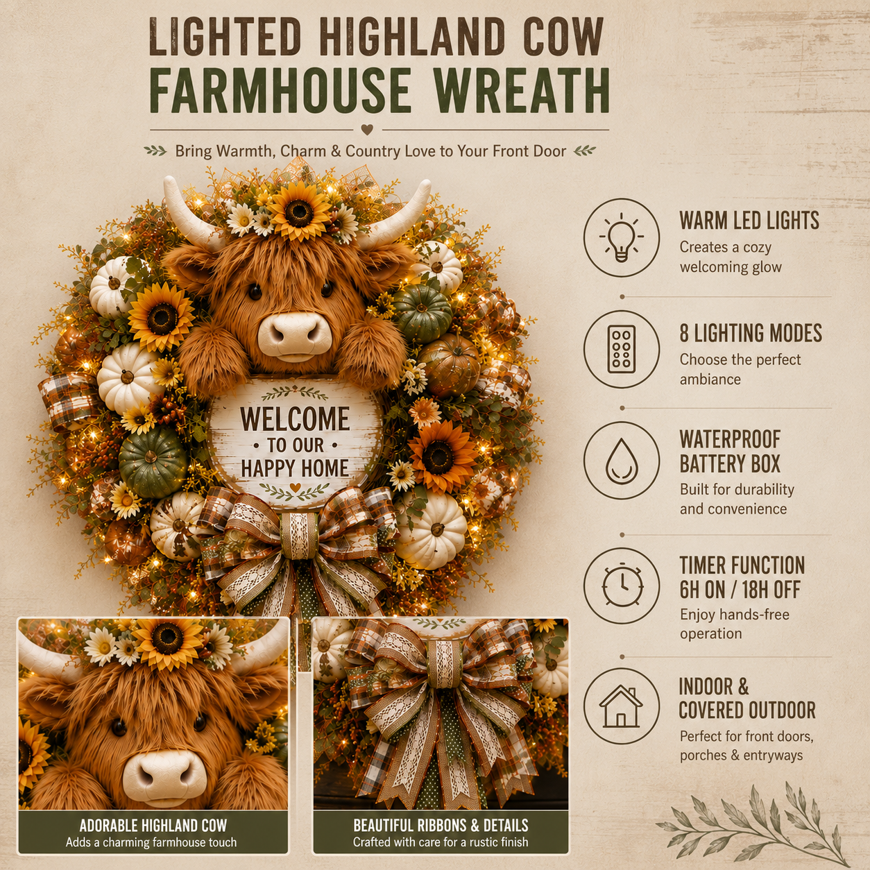Highland Cow Welcome Wreath