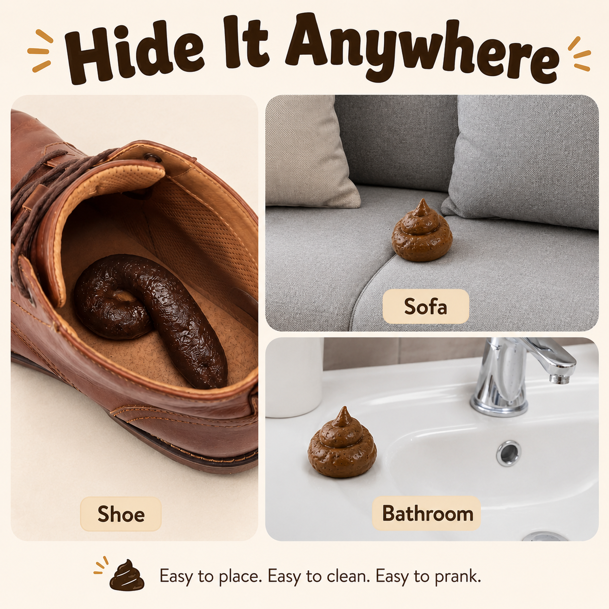 Poop prank toy hidden in shoe sofa and bathroom