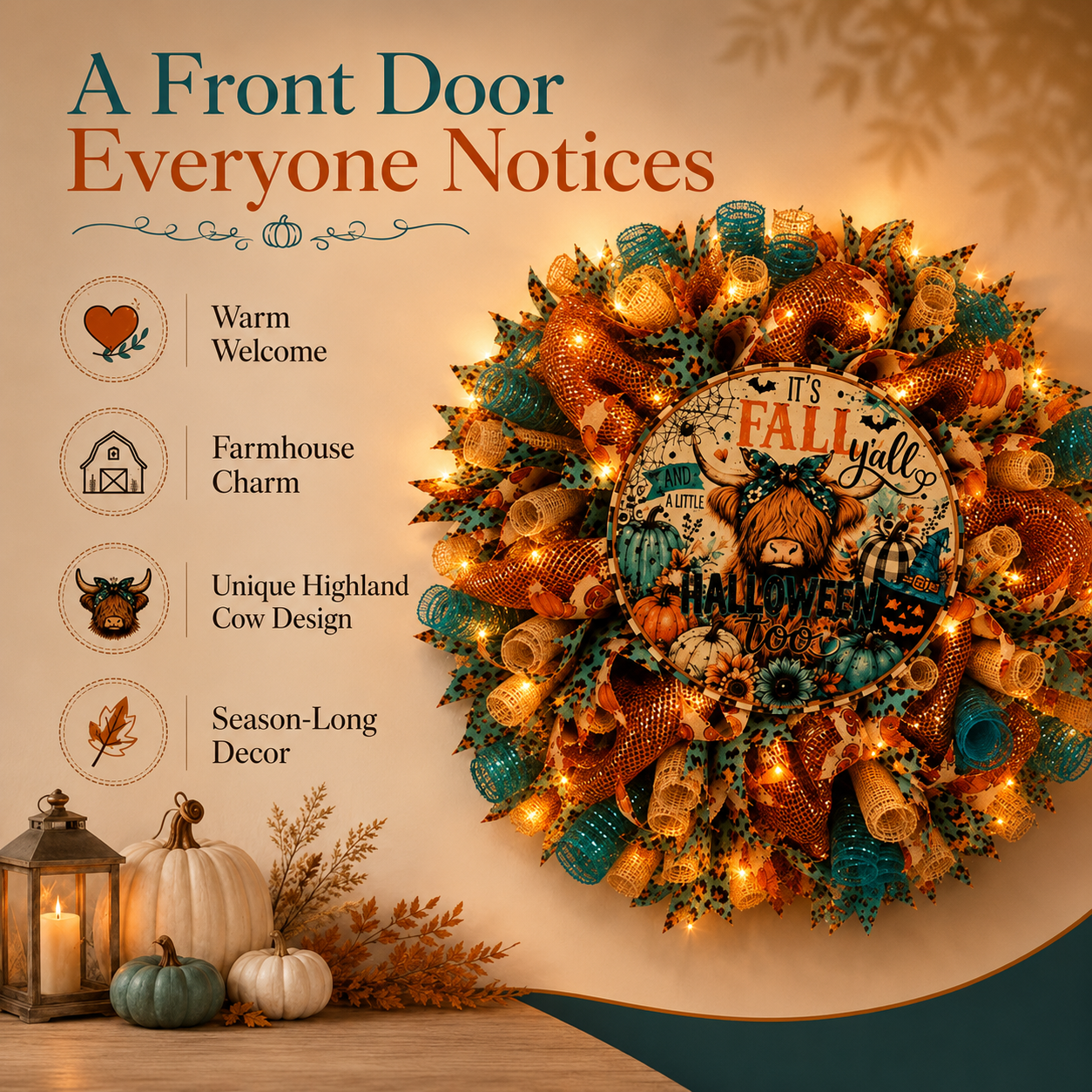 🐮🍂Lighted Highland Cow Fall Halloween Wreath for Front Door