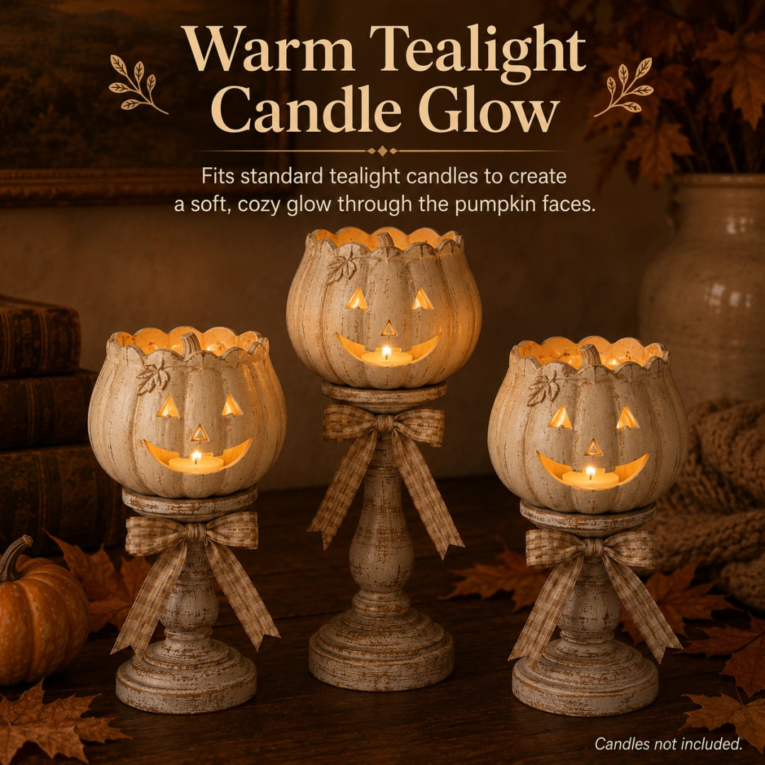 Set of 3 Vintage White Pumpkin Tealight Candle Holders
