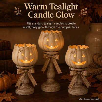 Set of 3 Vintage White Pumpkin Tealight Candle Holders
