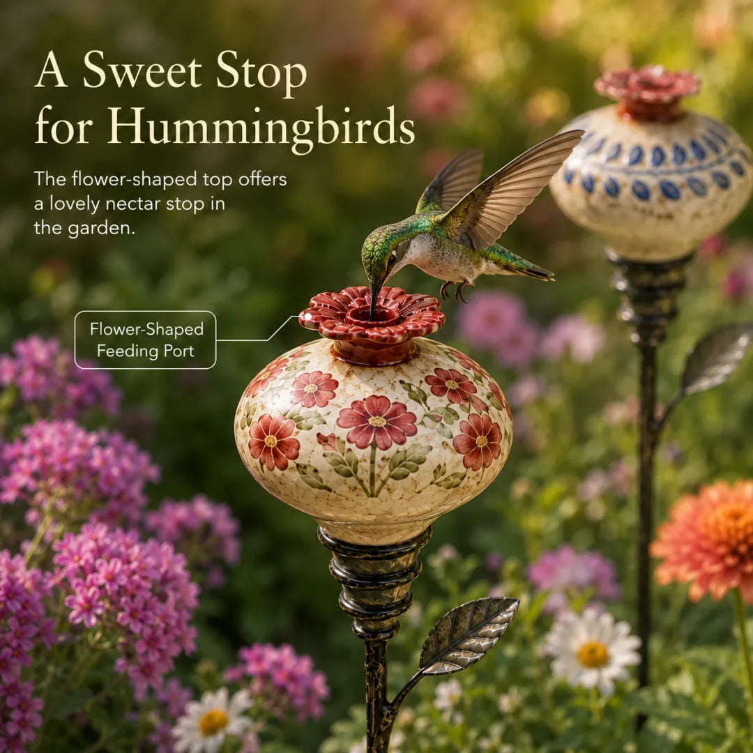 Hummingbird drinking from the flower-shaped feeding port
