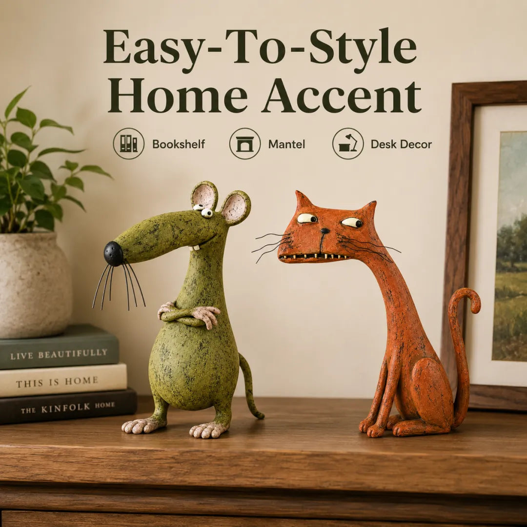 🐱🐭 Mischievous Cat & Mouse Shelf Companions – Vintage Quirky Animal Decor